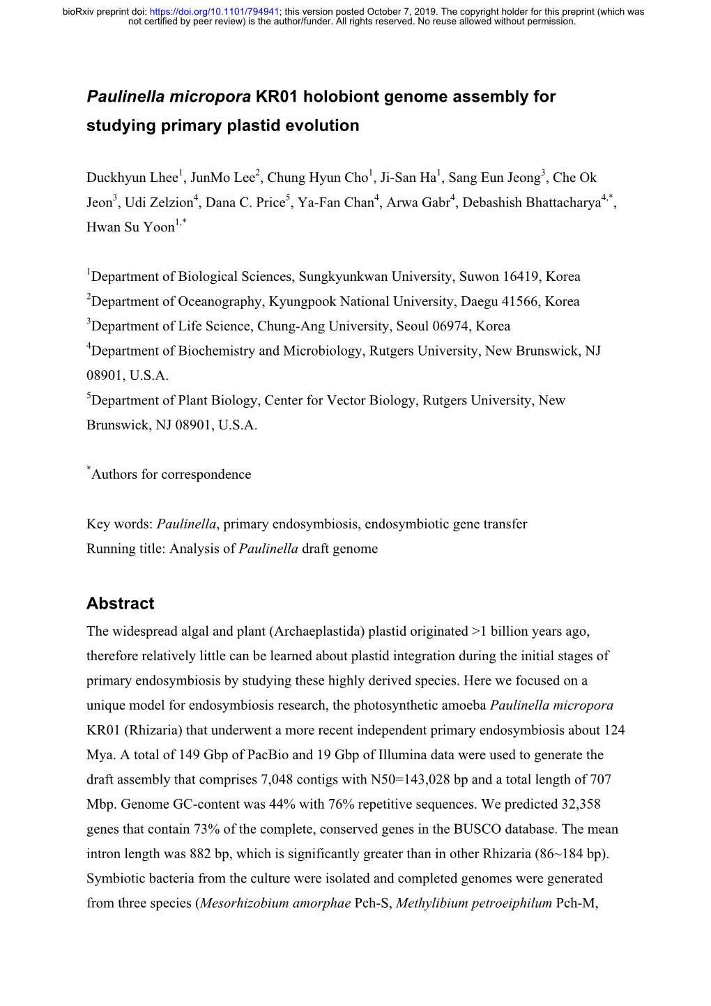 Paulinella Micropora KR01 Holobiont Genome Assembly for Studying Primary Plastid Evolution