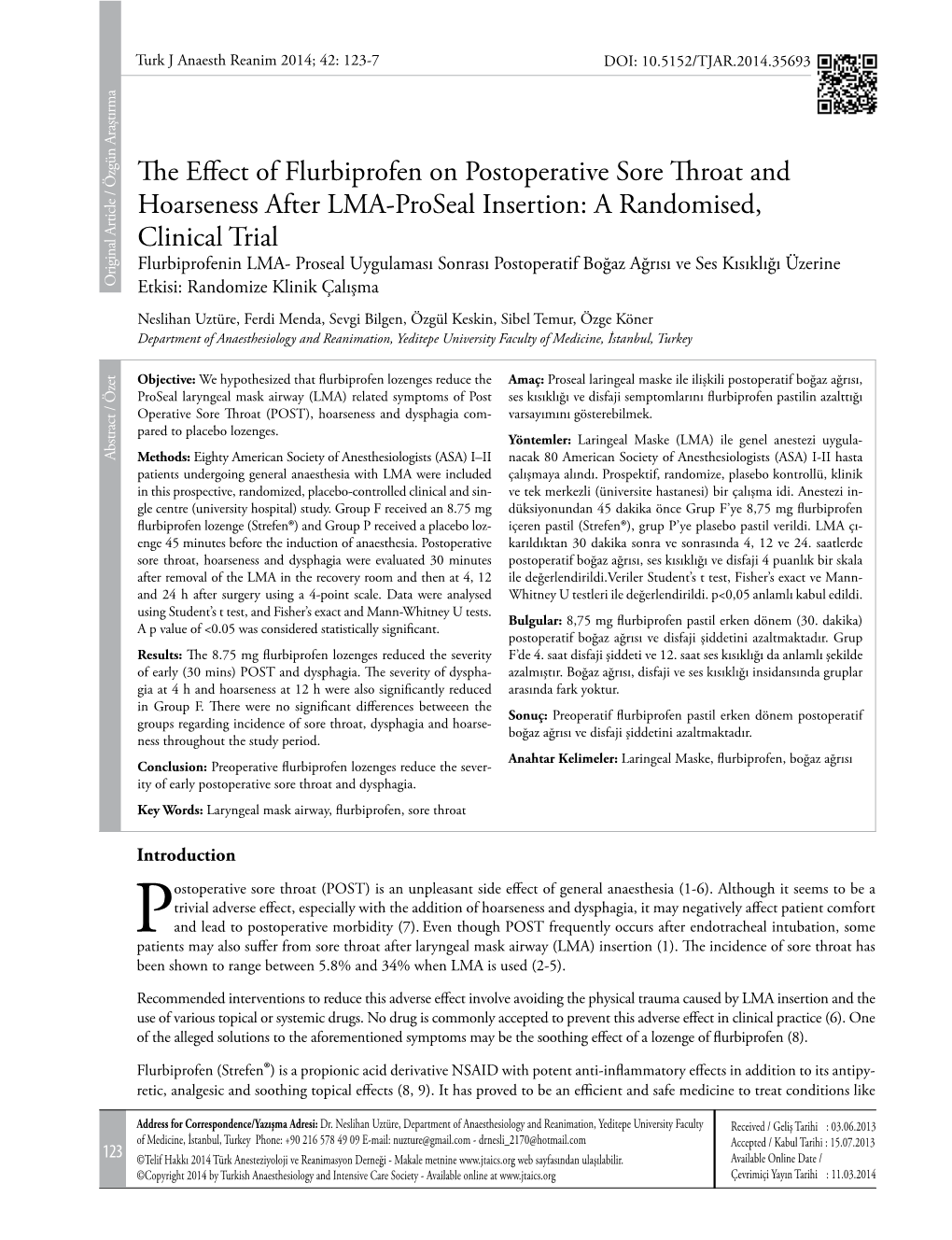 The Effect of Flurbiprofen on Postoperative Sore Throat And