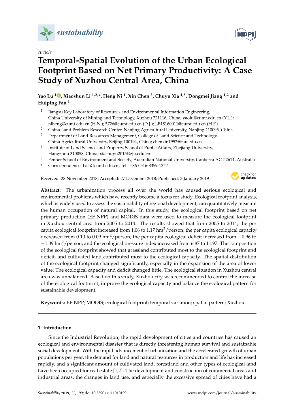 Temporal-Spatial Evolution of the Urban Ecological Footprint Based on Net Primary Productivity: a Case Study of Xuzhou Central Area, China