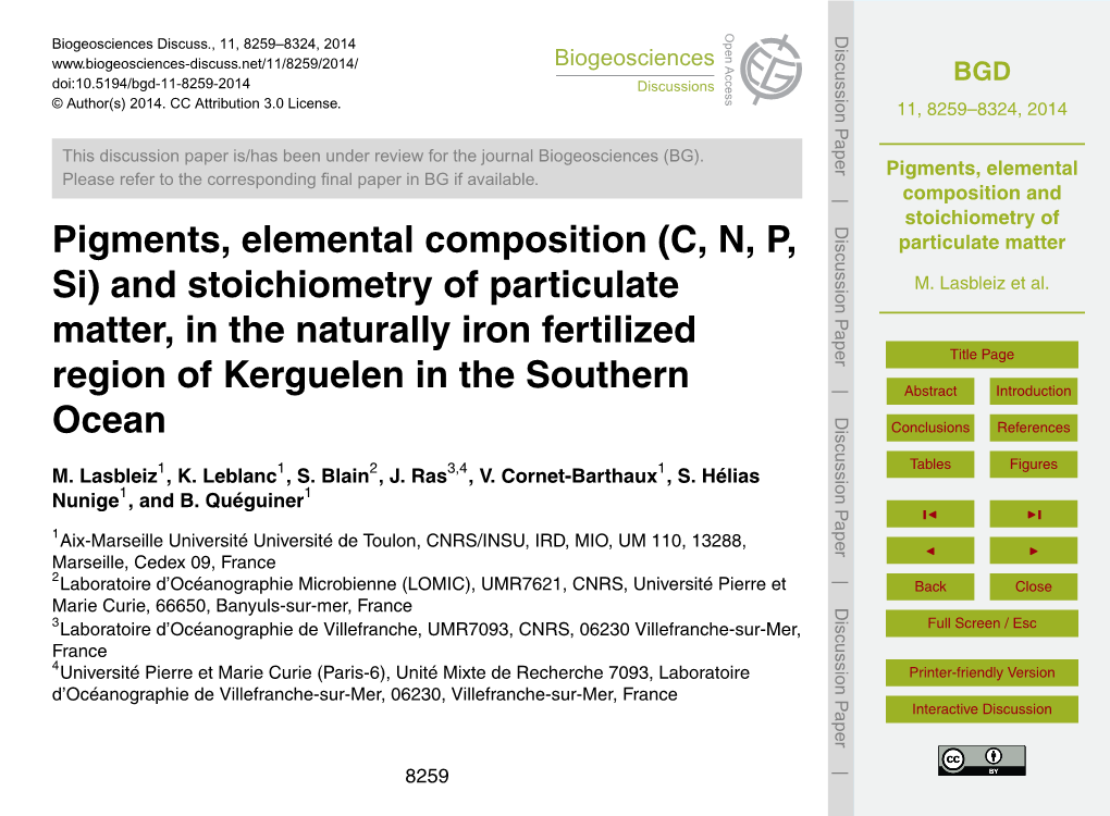 Pigments, Elemental Composition and Stoichiometry of Particulate Matter