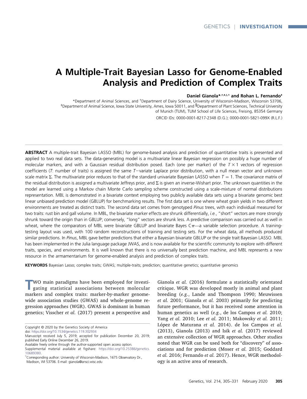 A Multiple-Trait Bayesian Lasso for Genome-Enabled Analysis and Prediction of Complex Traits