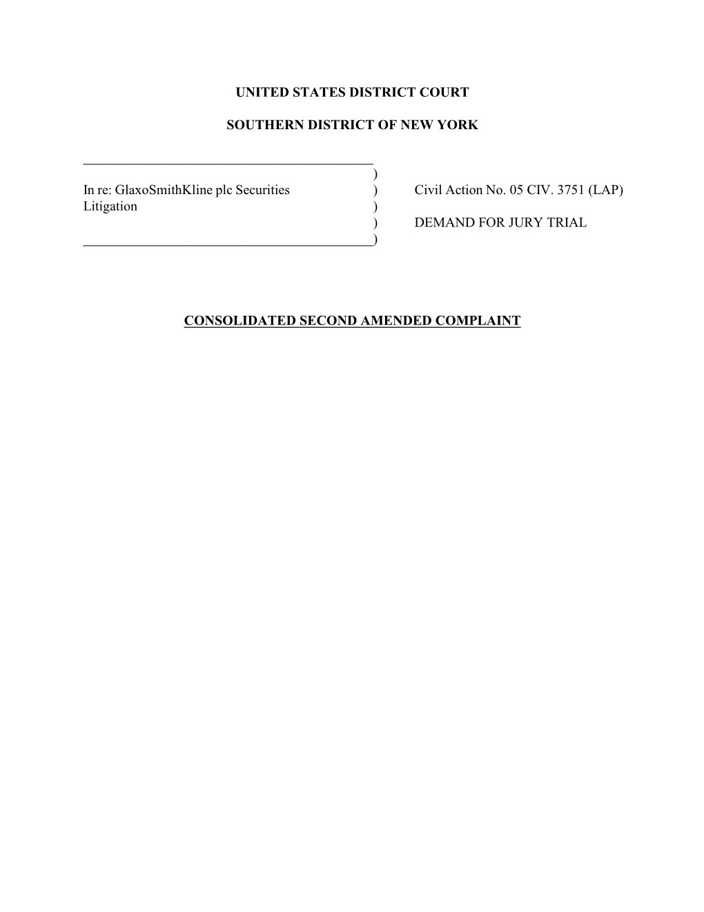 In Re: Glaxosmithkline Plc Securities Litigation 05-CV-3751