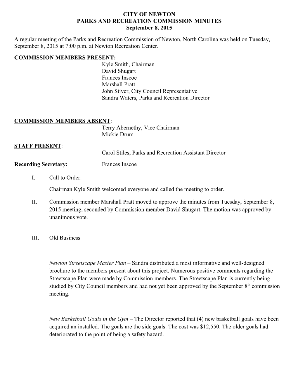 City of Newton Parks and Recreation Commission Minutes September 8, 2015