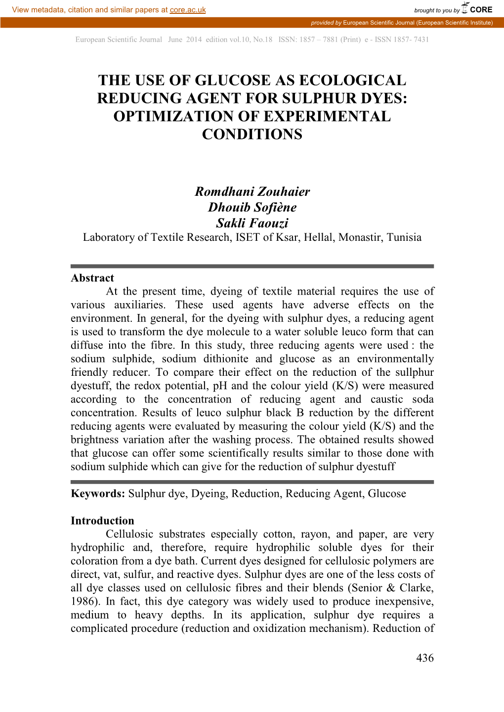 The Use of Glucose As Ecological Reducing Agent for Sulphur Dyes: Optimization of Experimental Conditions