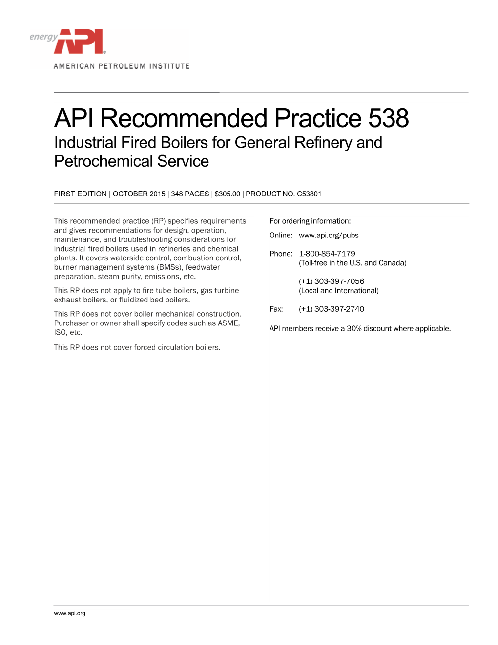 API Recommended Practice 538 Industrial Fired Boilers for General Refinery and Petrochemical Service