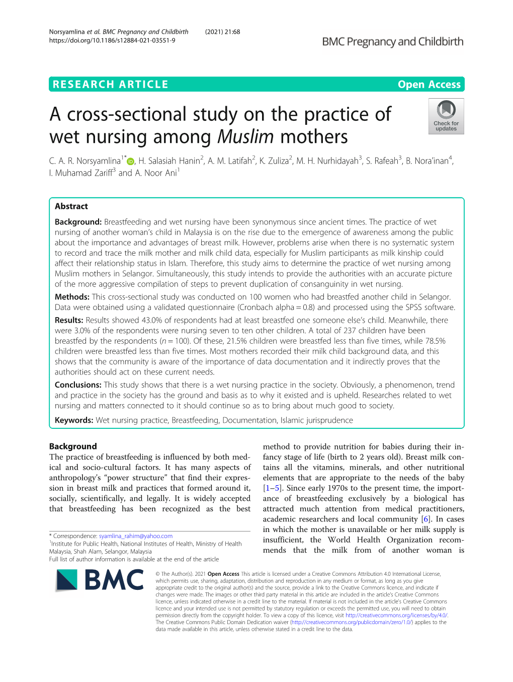 A Cross-Sectional Study on the Practice of Wet Nursing Among Muslim Mothers C
