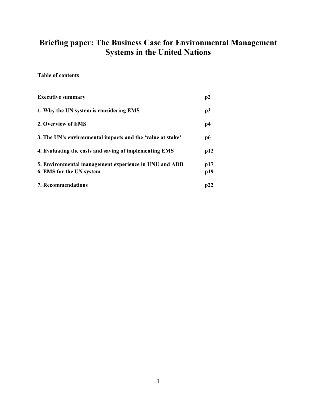 Briefing Paper: The Business Case For Environmental Management Systems In The United Nations