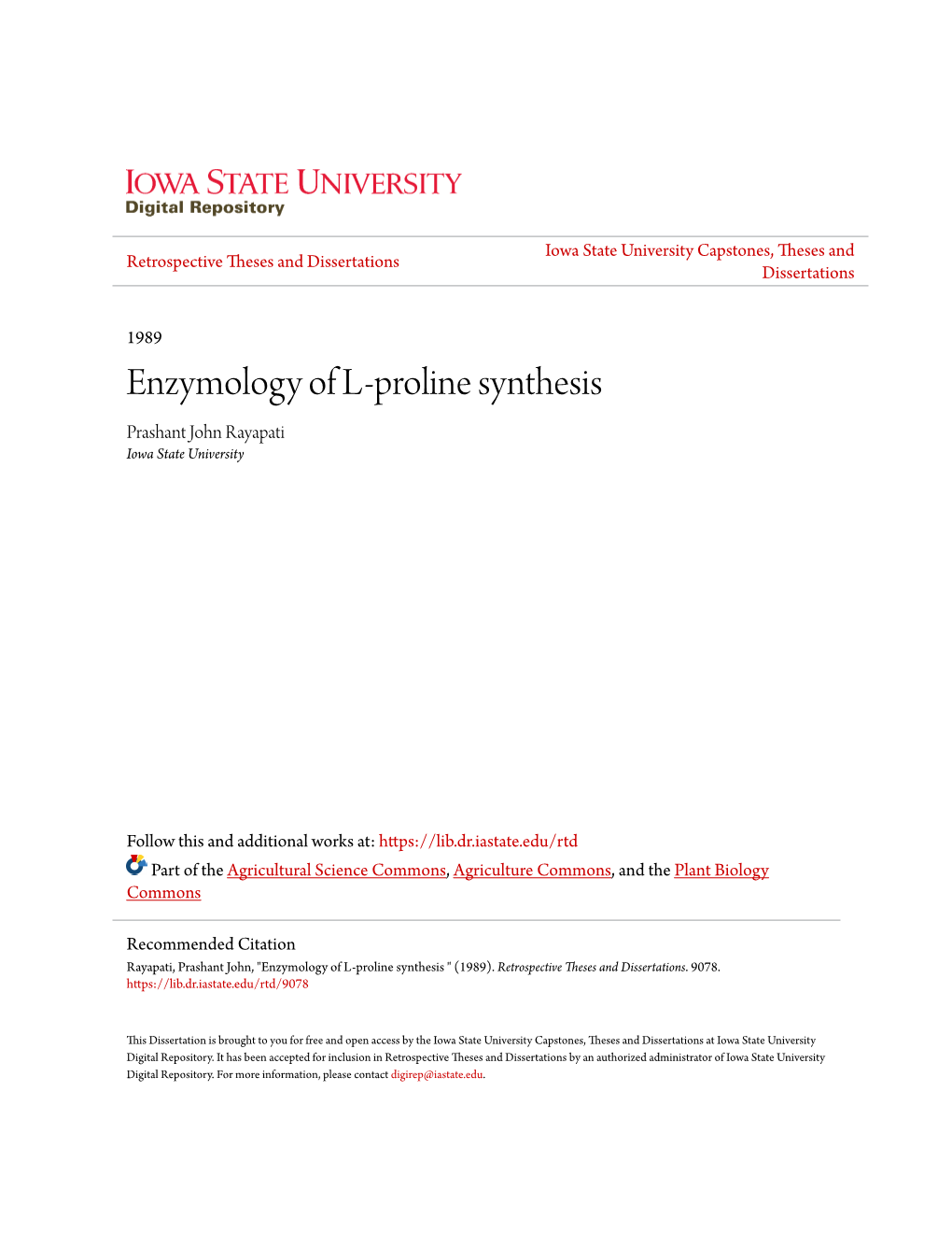 Enzymology of L-Proline Synthesis Prashant John Rayapati Iowa State University