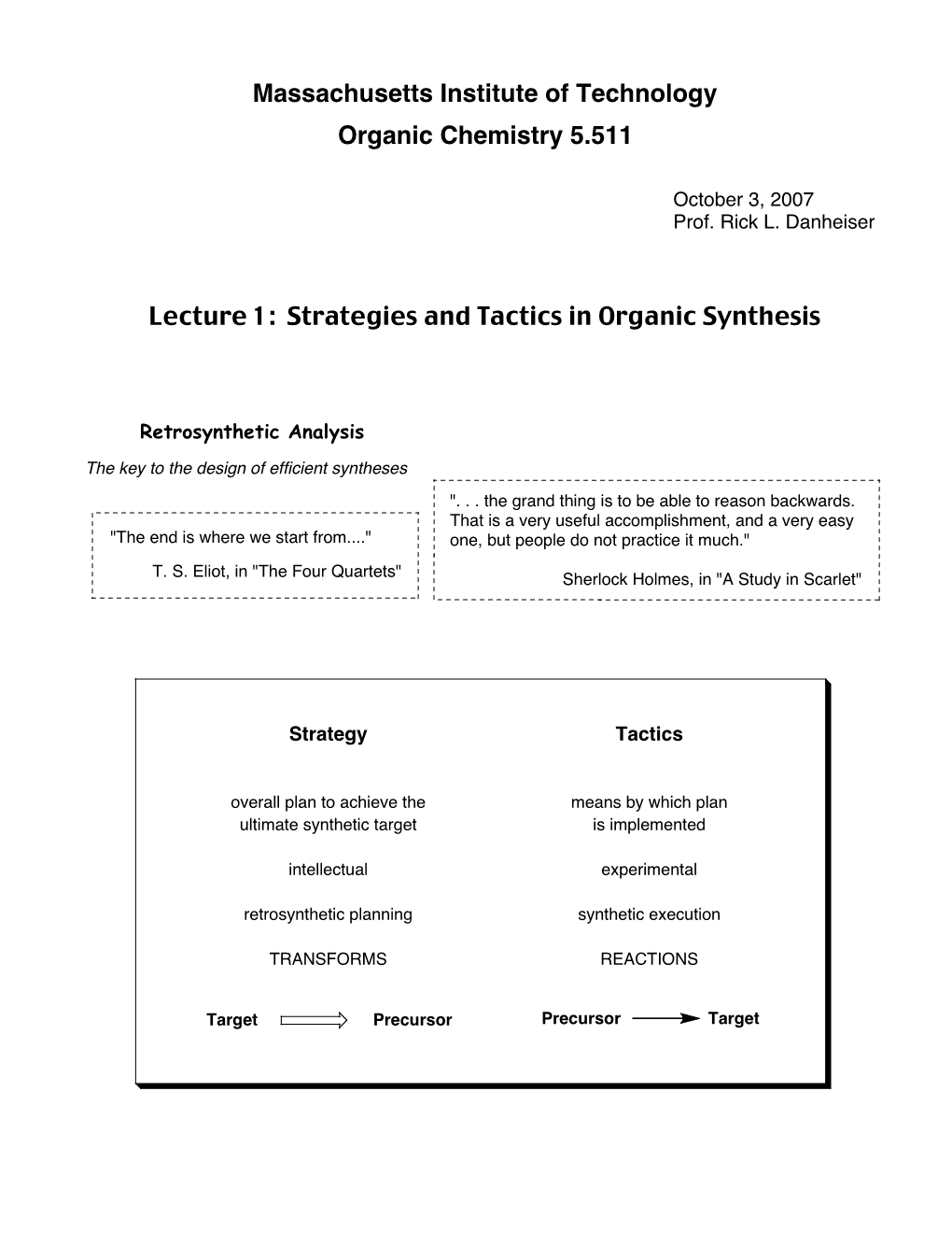 Lecture 1: Strategies and Tactics in Organic Synthesis