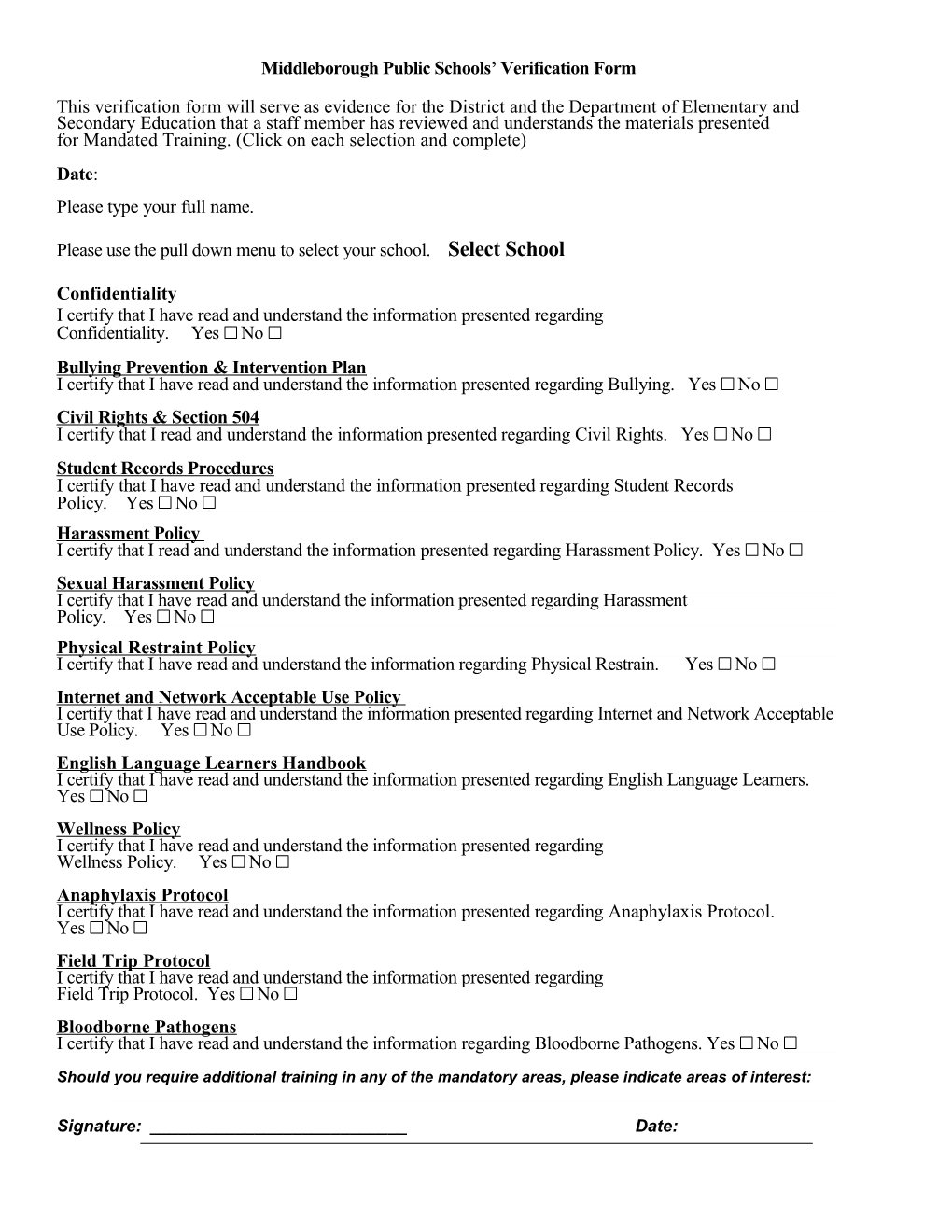 Middleborough Public Schools Verification Form