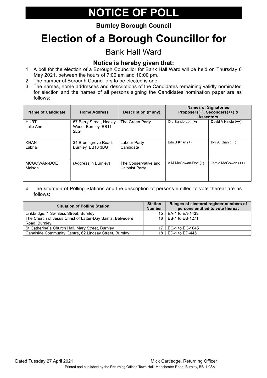 Burnley Borough Council Notice of Poll