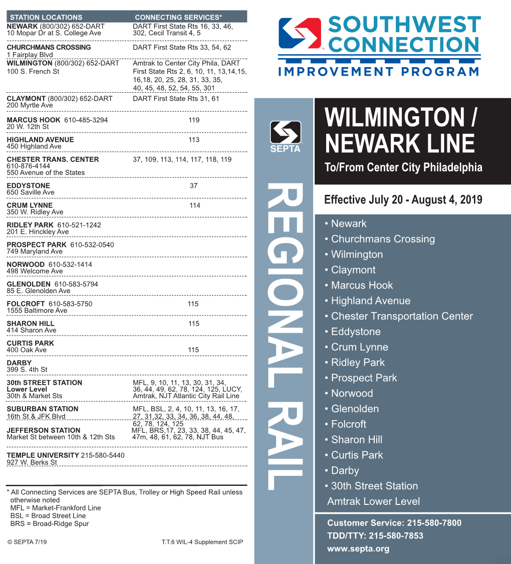 Special Wilmington/Newark Line Schedule