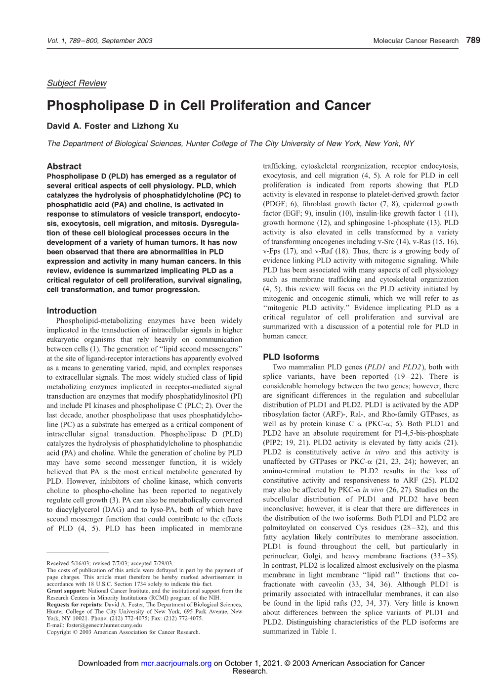 Phospholipase D in Cell Proliferation and Cancer