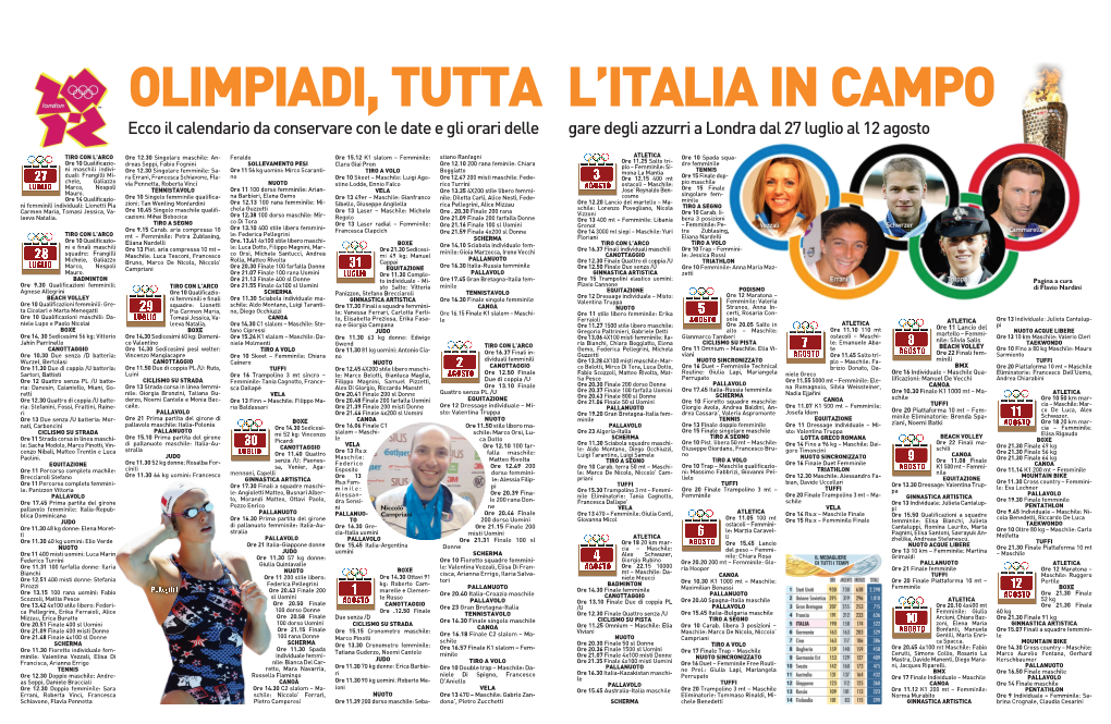 Ecco Il Calendario Da Conservare Con Le Date E Gli Orari Delle Gare Degli Azzurri a Londra Dal 27 Luglio Al 12 Agosto