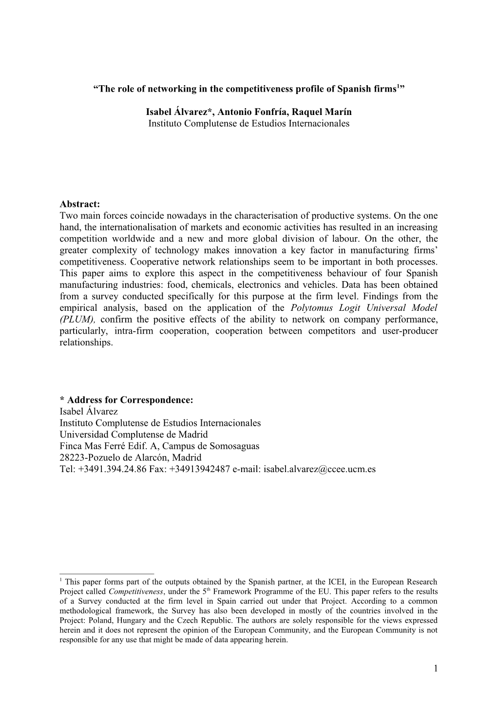 The Role of Networking in the Competitiveness Profile of Spanish Firms 1