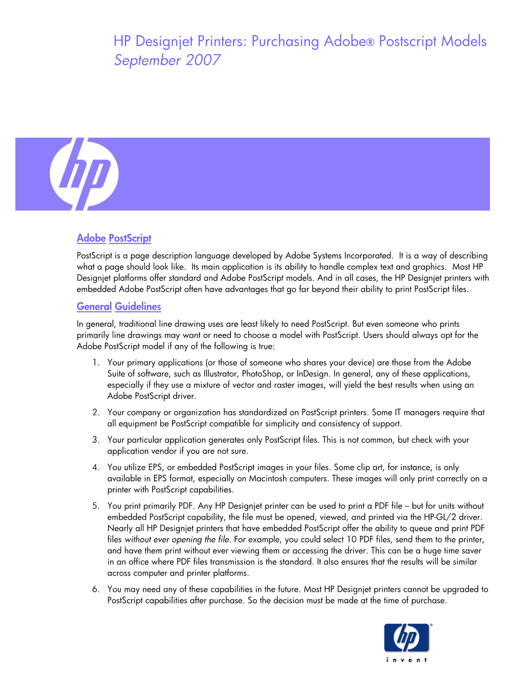 HP Designjet Printers: Purchasing Adobe® Postscript Models September 2007