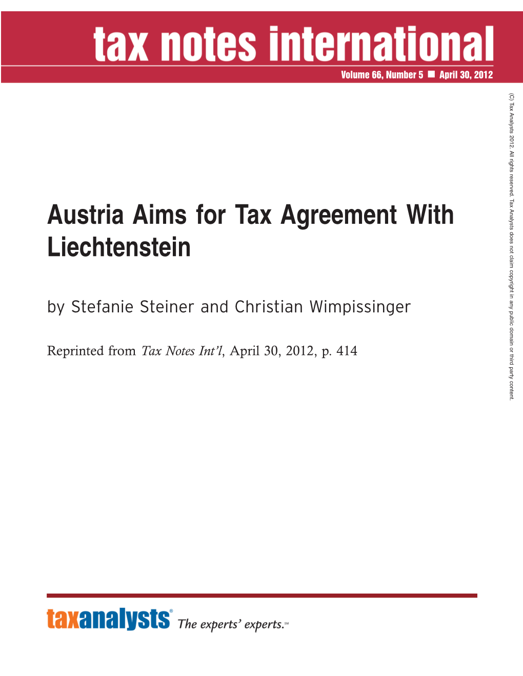 Austria Aims for Tax Agreement with Liechtenstein by Stefanie Steiner and Christian Wimpissinger