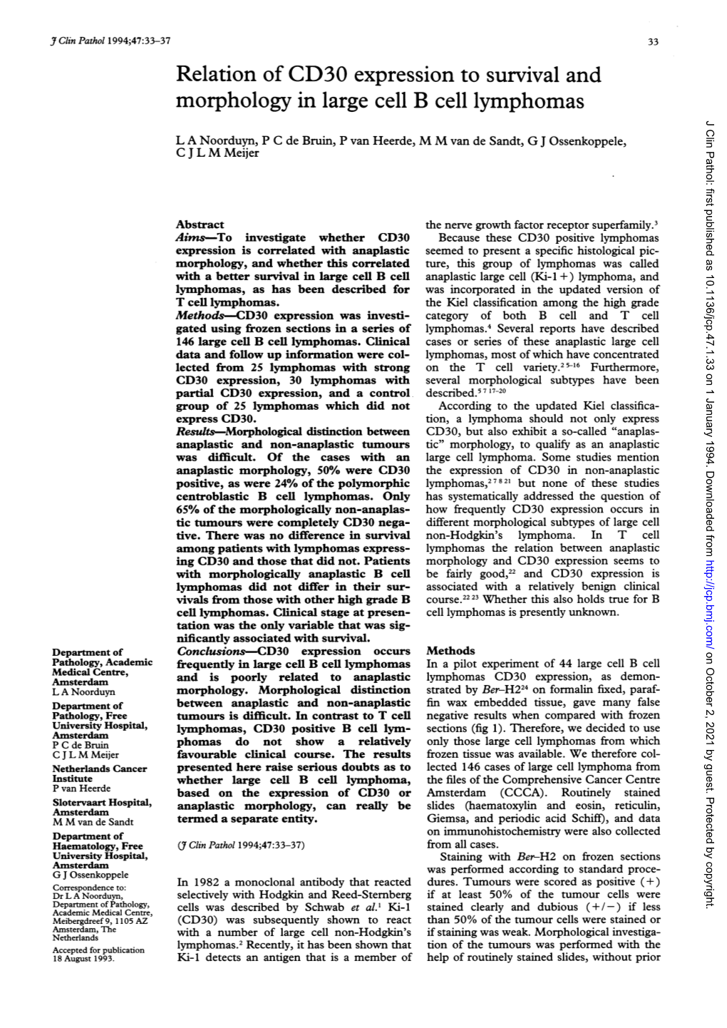 Relation of CD30 Expression to Survival and Morphology in Large Cell B Cell Lymphomas J Clin Pathol: First Published As 10.1136/Jcp.47.1.33 on 1 January 1994