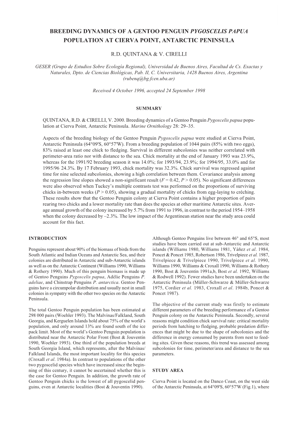 Breeding Dynamics of a Gentoo Penguin Pygoscelis Papua Population at Cierva Point, Antarctic Peninsula