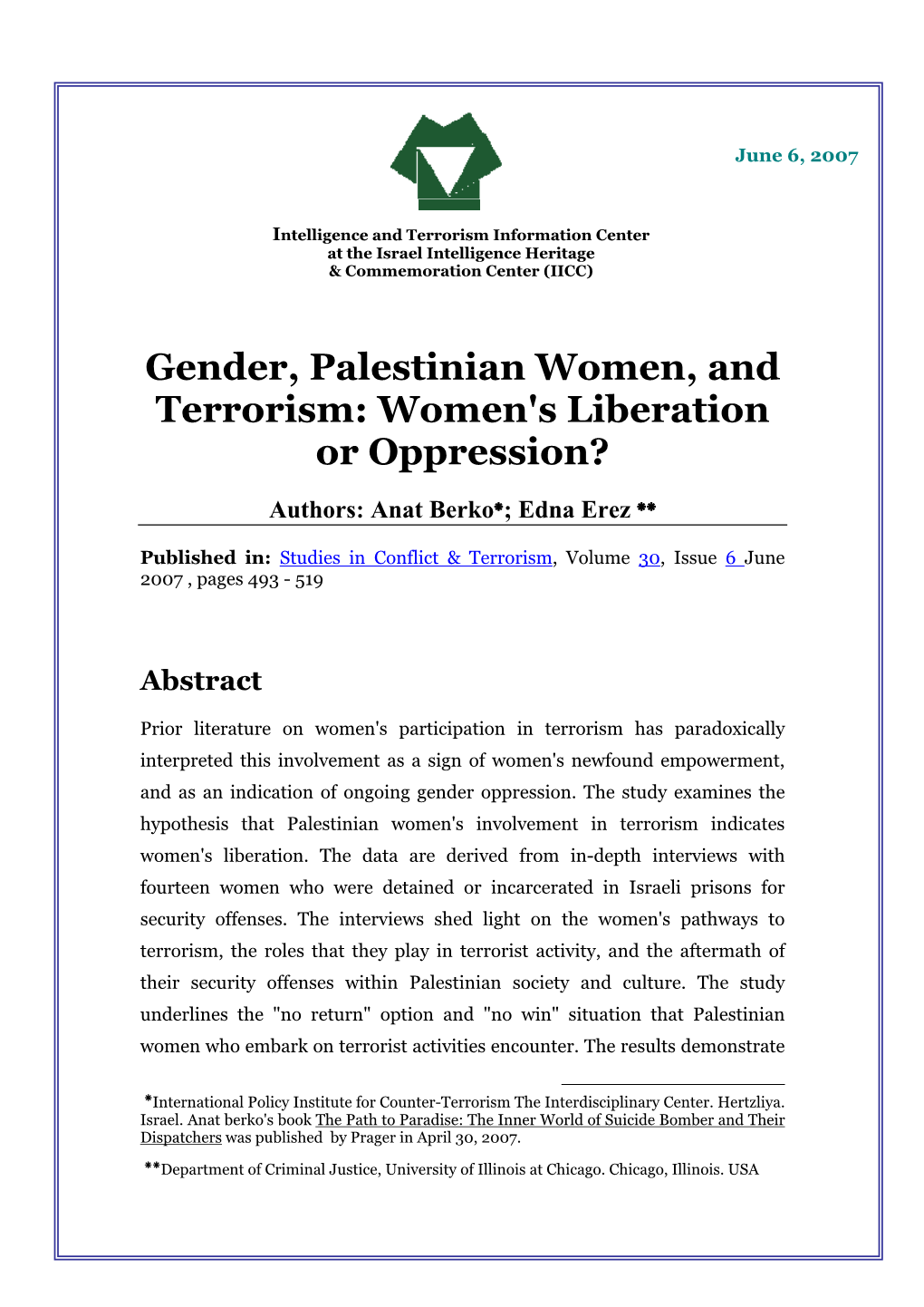 Gender, Palestinian Women, and Terrorism: Women's Liberation Or Oppression?