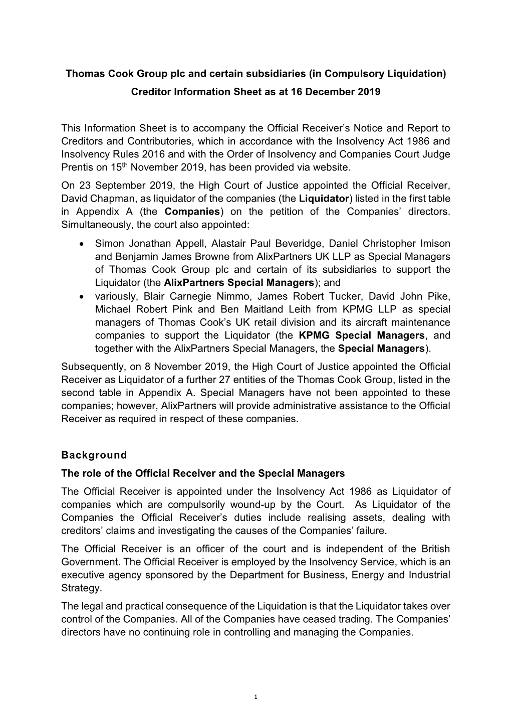 Thomas Cook Group Plc and Certain Subsidiaries (In Compulsory Liquidation) Creditor Information Sheet As at 16 December 2019