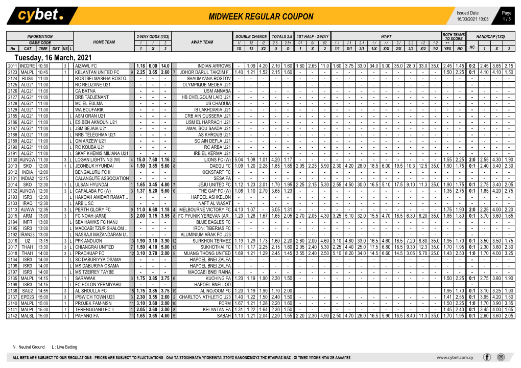 Midweek Regular Coupon 16/03/2021 10:03 1 / 5