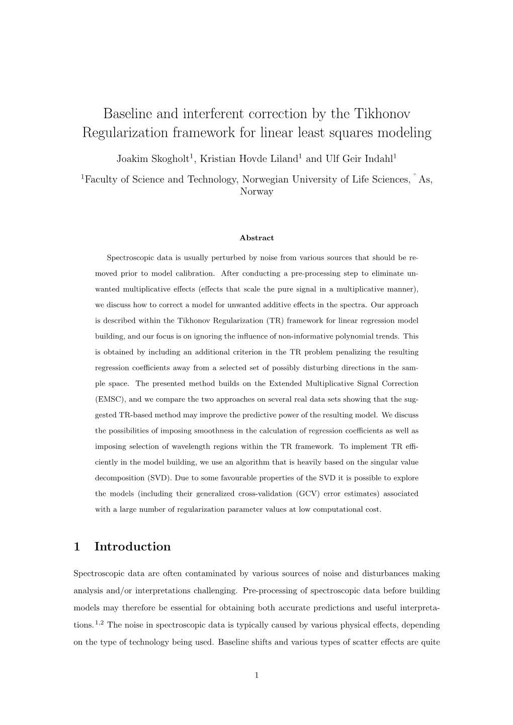 Baseline and Interferent Correction by the Tikhonov Regularization Framework for Linear Least Squares Modeling