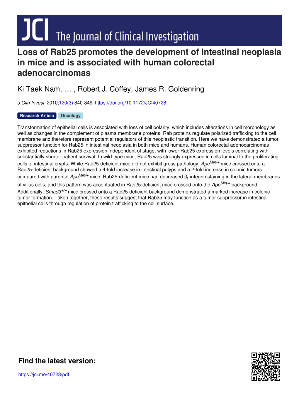 Loss of Rab25 Promotes the Development of Intestinal Neoplasia in Mice and Is Associated with Human Colorectal Adenocarcinomas