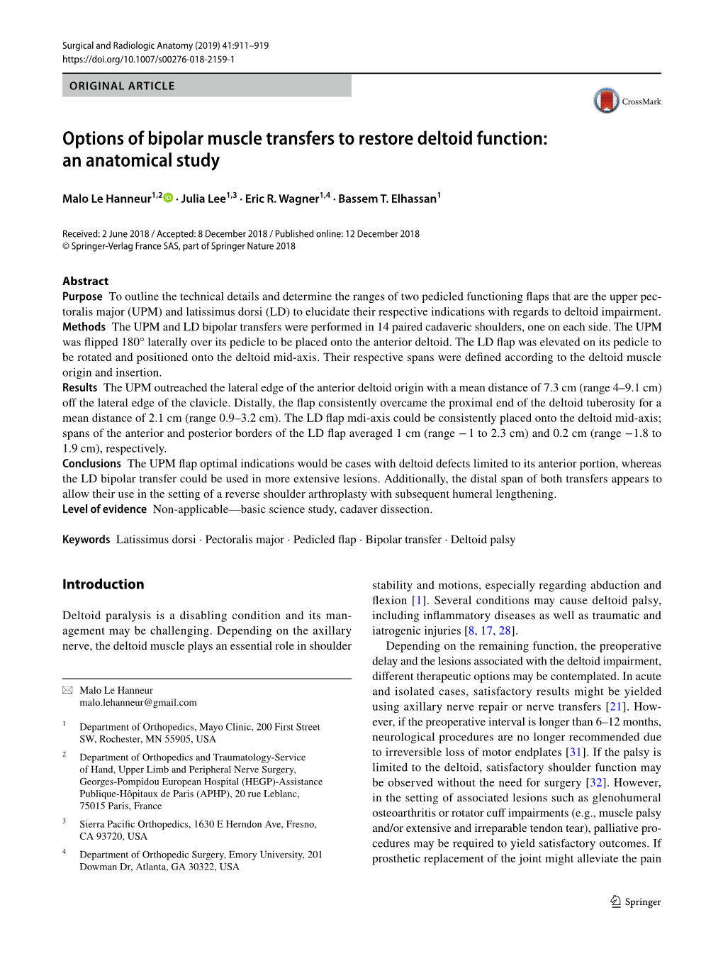 Options of Bipolar Muscle Transfers to Restore Deltoid Function: an Anatomical Study