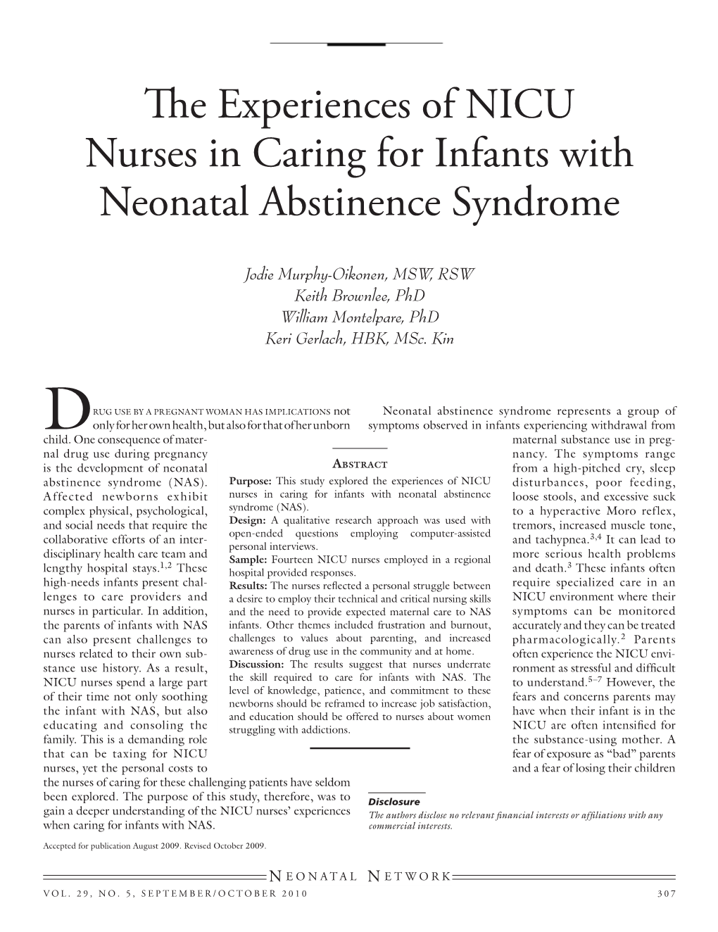 The Experiences of NICU Nurses in Caring for Infants with Neonatal Abstinence Syndrome