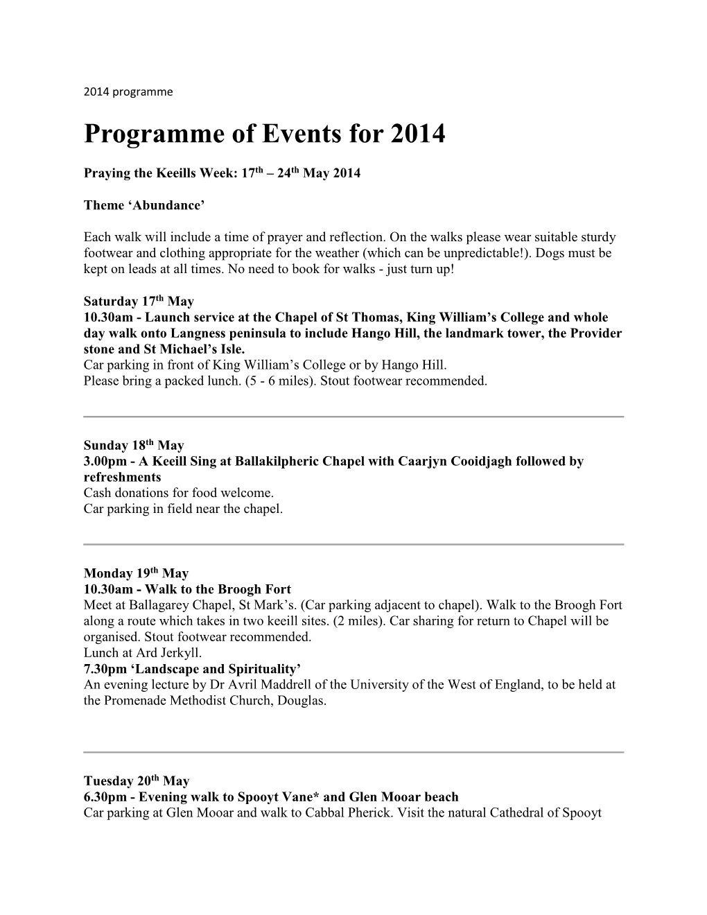 2014 Programme Programme of Events for 2014