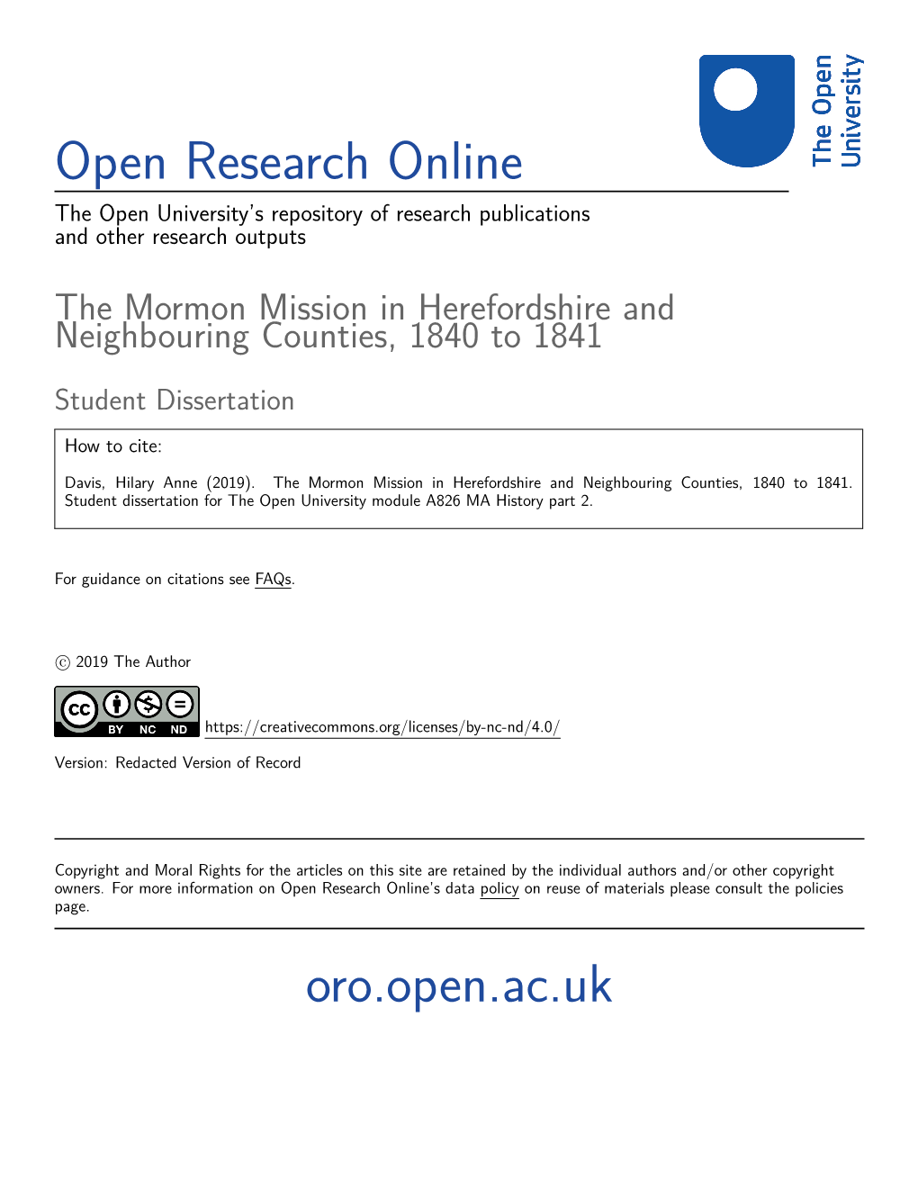 The Mormon Mission in Herefordshire and Neighbouring Counties, 1840 to 1841