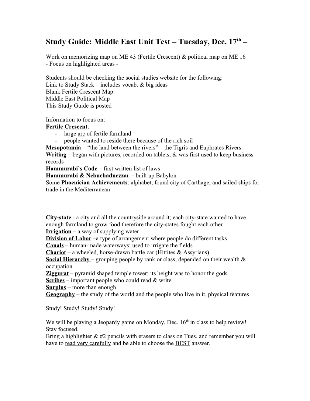 Study Guide: Middle East Unit Test Wednesday, Jan