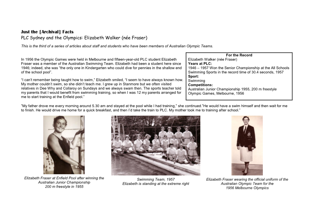 Just the [Archival] Facts PLC Sydney and the Olympics: Elizabeth Walker (Née Fraser)