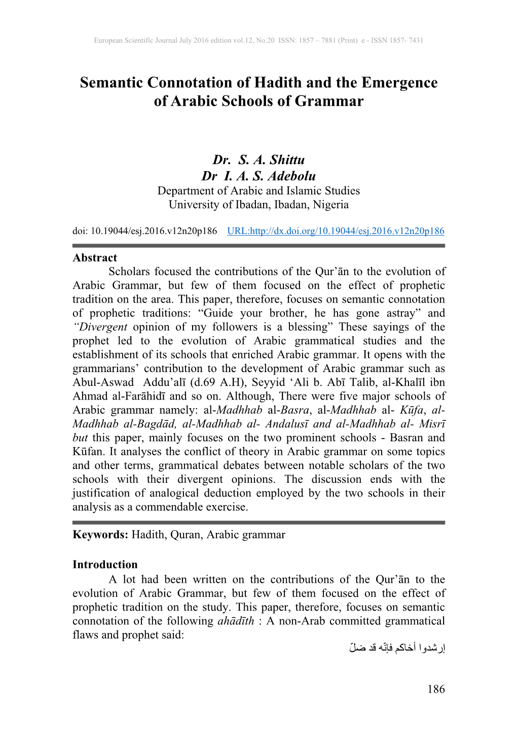 Semantic Connotation of Hadith and the Emergence of Arabic Schools of Grammar