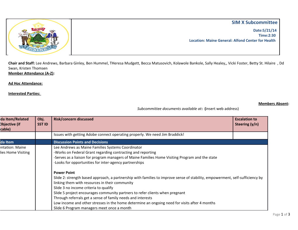 SIM X Subcommittee Date:5/21/14 Time:2:30 Location: Maine General: Alfond Center For