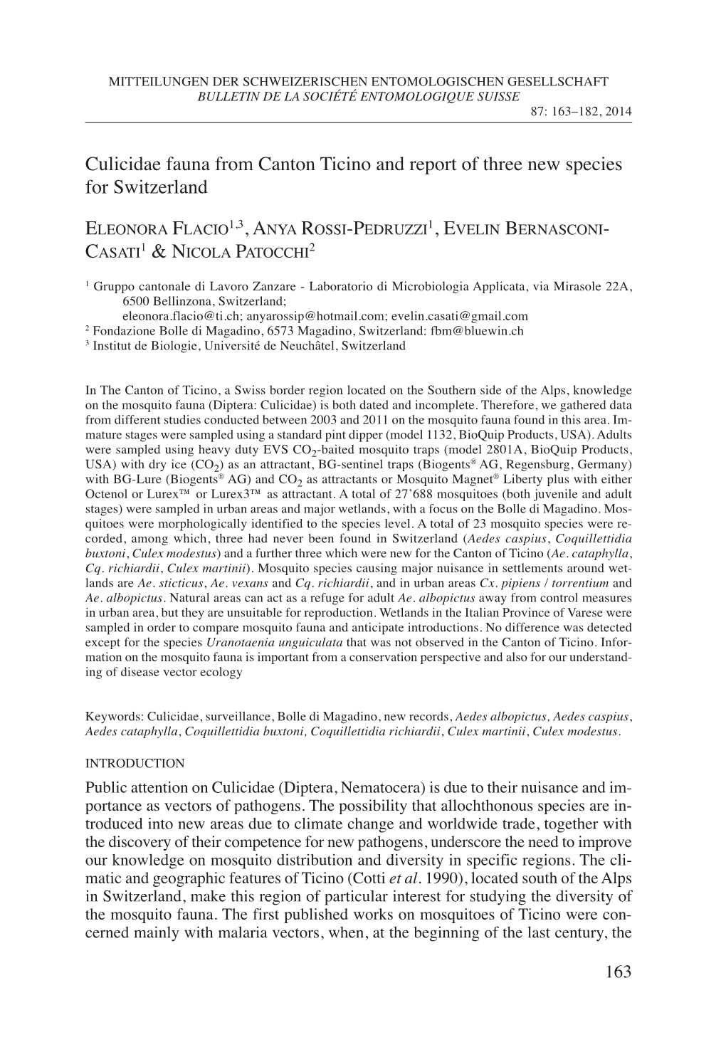 Culicidae Fauna from Canton Ticino and Report of Three New Species for Switzerland Casati1 & Nicola Patocchi2