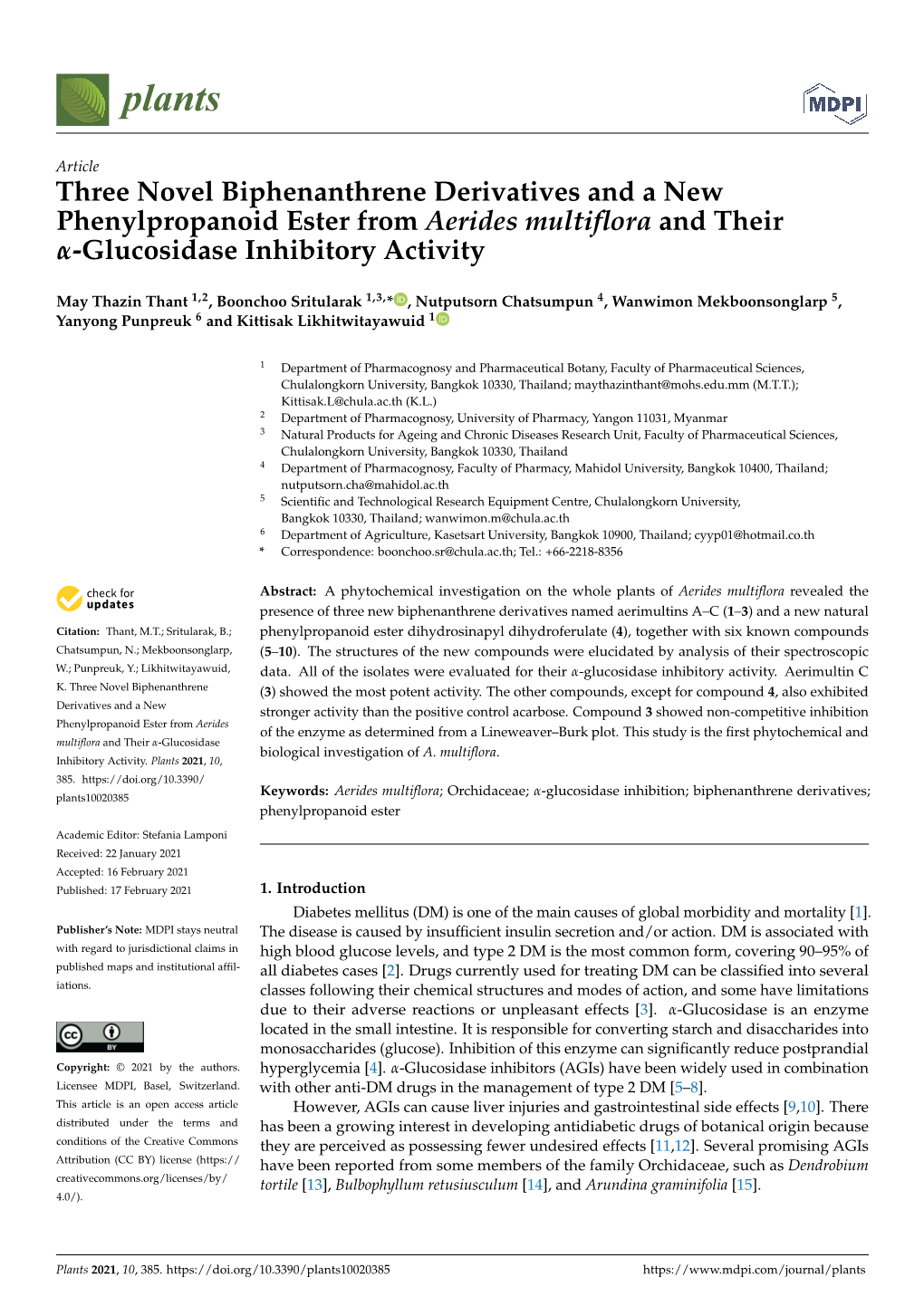 Three Novel Biphenanthrene Derivatives and a New Phenylpropanoid Ester from Aerides Multiﬂora and Their Α-Glucosidase Inhibitory Activity