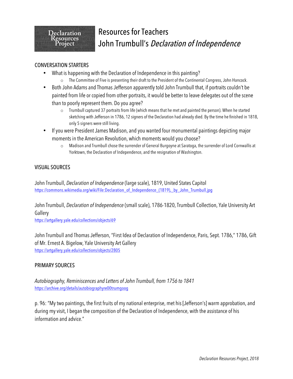 Resources for Teachers John Trumbull's Declaration Of