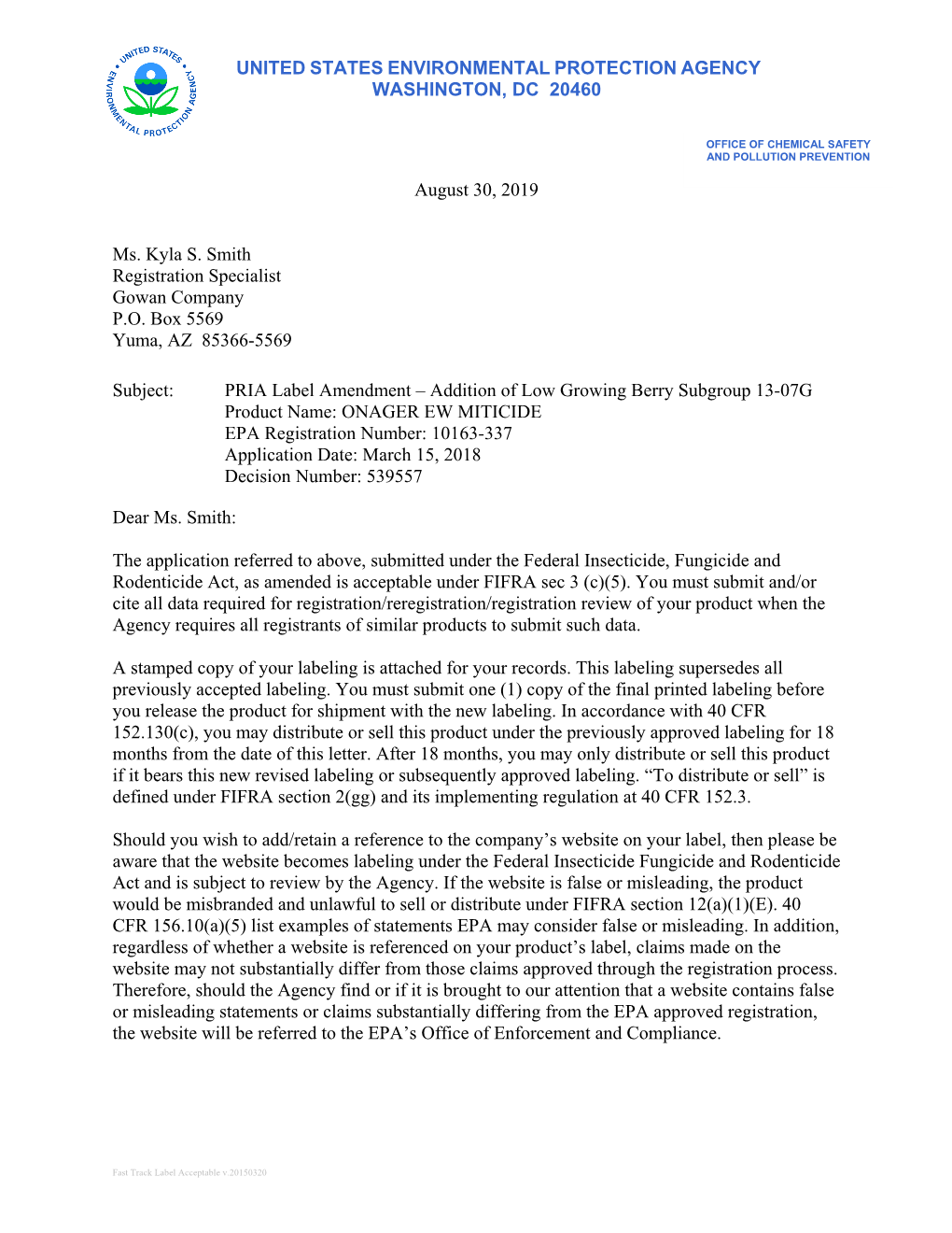 US EPA, Pesticide Product Label, ONAGER EW MITICIDE,08/30/2019