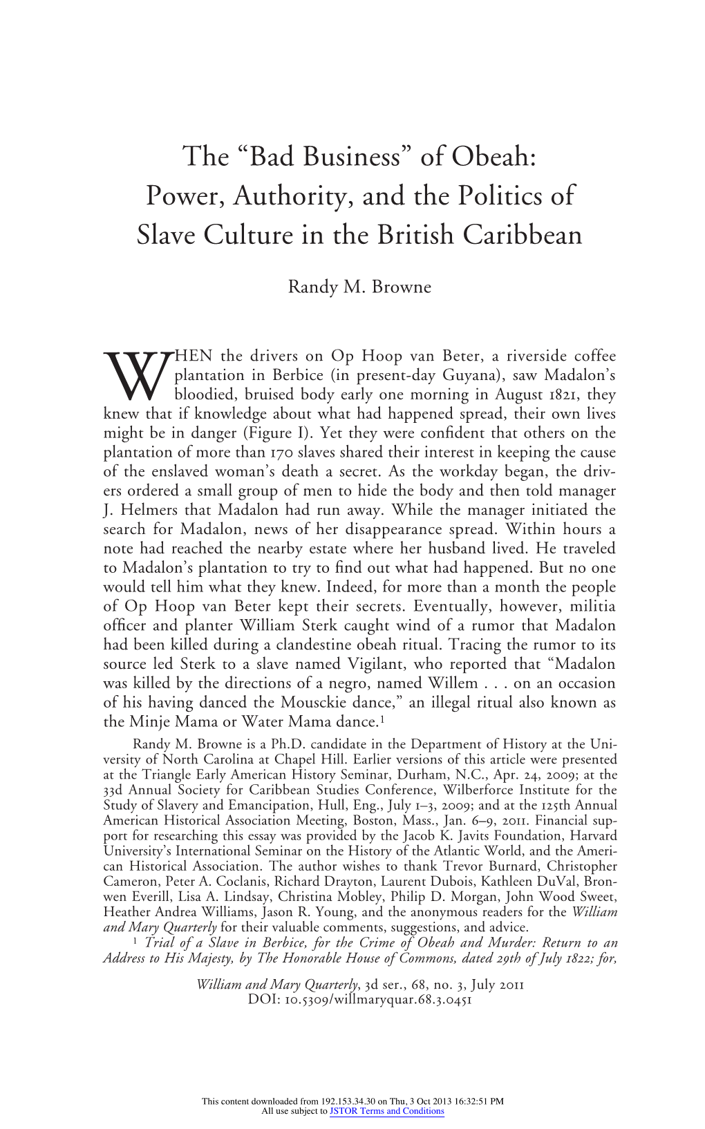 “Bad Business” of Obeah: Power, Authority, and the Politics of Slave Culture in the British Caribbean