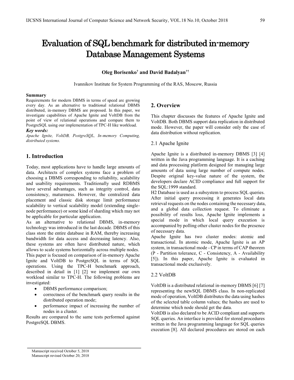 Evaluation of SQL Benchmark for Distributed In-Memory Database Management Systems