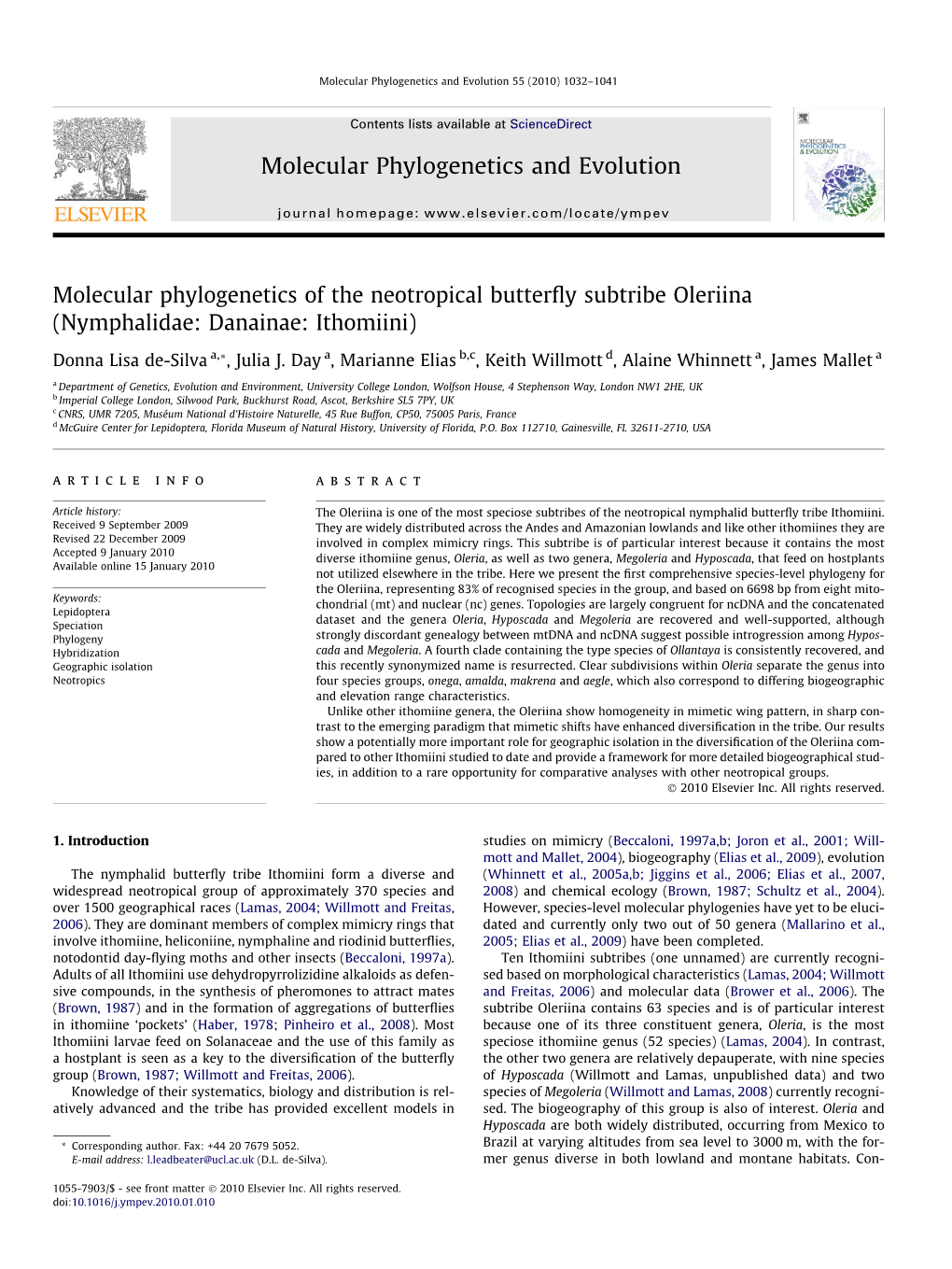 Molecular Phylogenetics of the Neotropical Butterfly Subtribe Oleriina