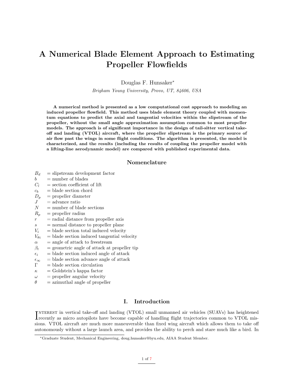 A Numerical Blade Element Approach to Estimating Propeller Flowfields