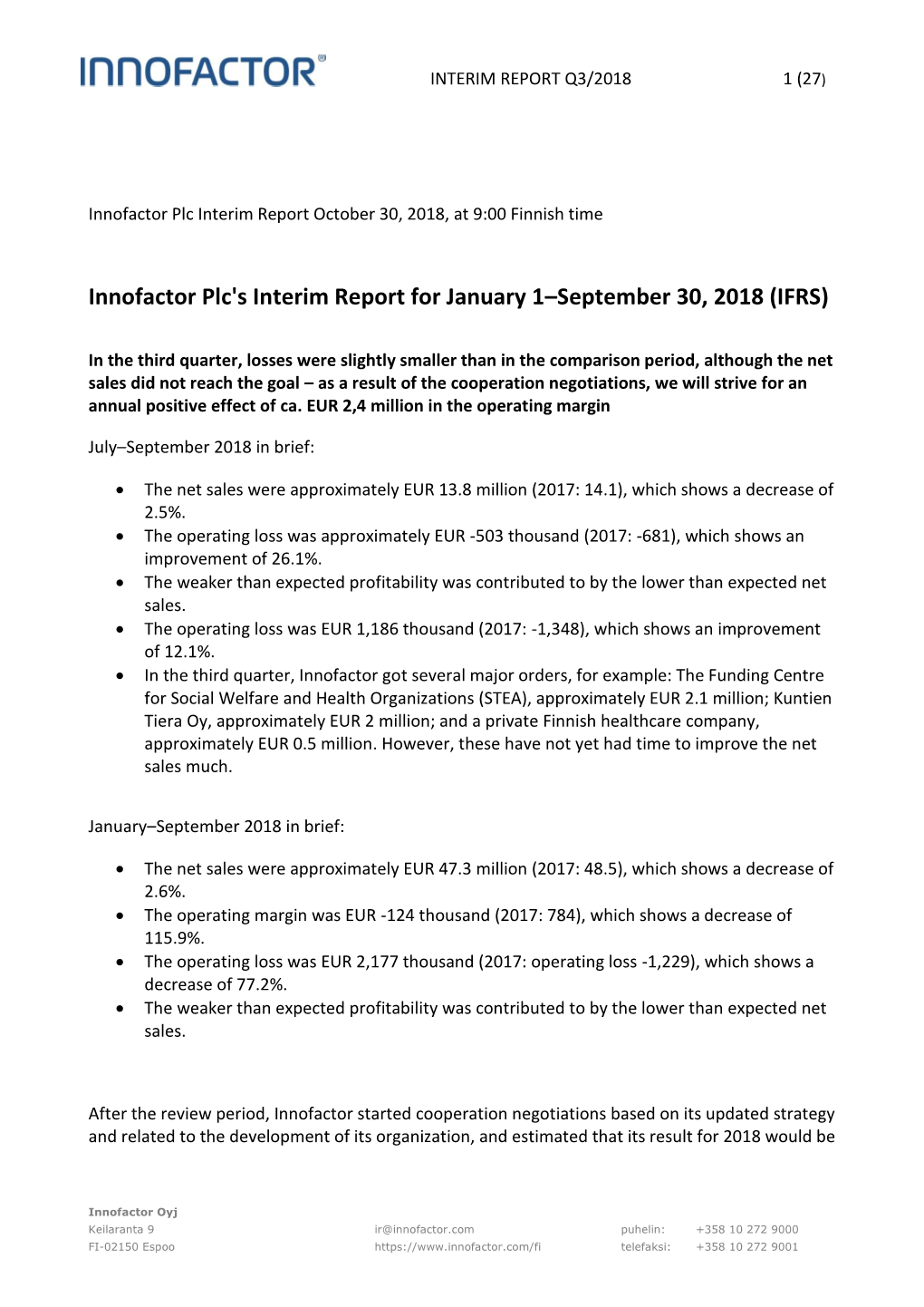 Innofactor Plc's Interim Report for January 1–September 30, 2018 (IFRS)