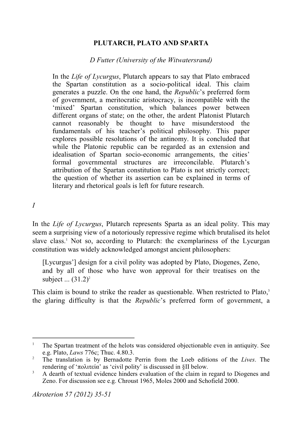 (2012) 35-51 PLUTARCH, PLATO and SPARTA D Futter