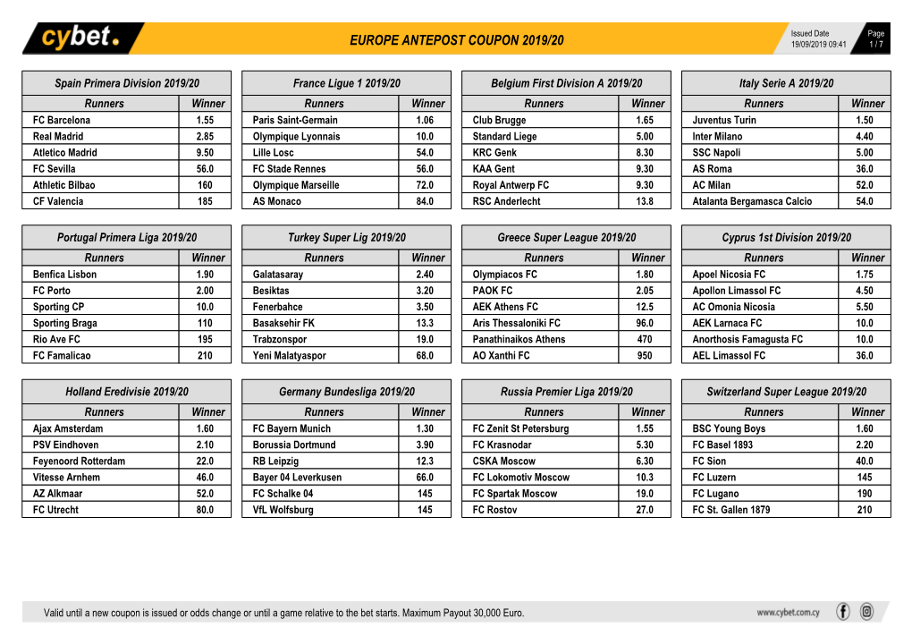 Europe Antepost Coupon 2019/20 19/09/2019 09:41 1 / 7