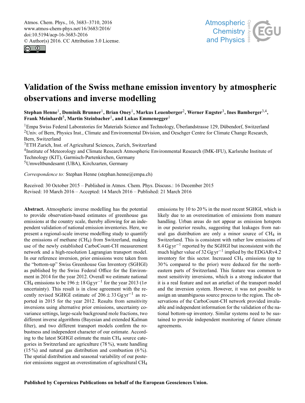 Validation of the Swiss Methane Emission Inventory by Atmospheric Observations and Inverse Modelling