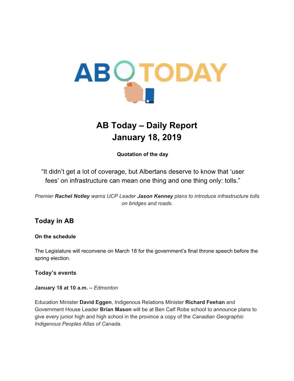 AB Today – Daily Report January 18, 2019