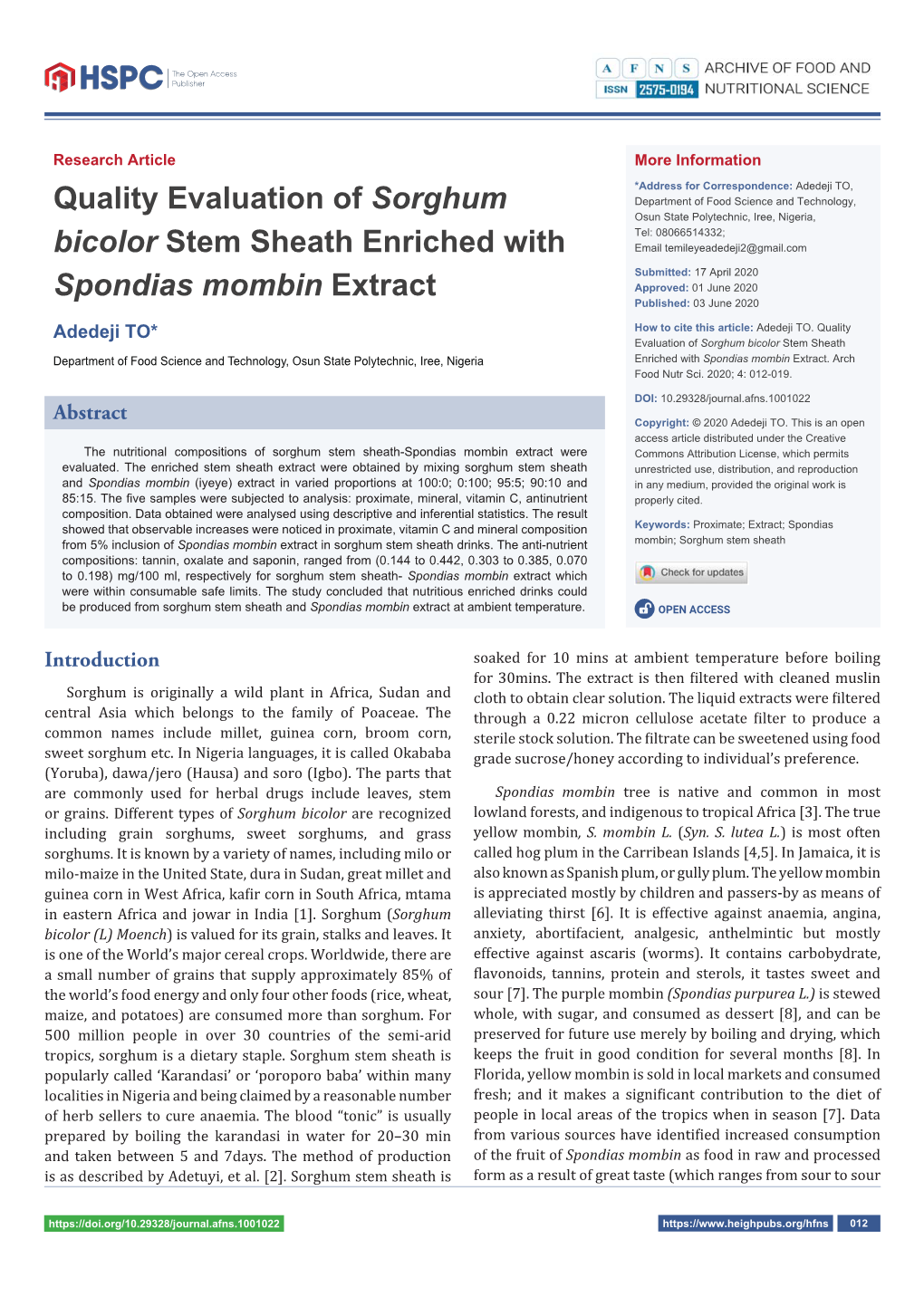 Quality Evaluation of Sorghum Bicolor Stem Sheath Enriched with Spondias Mombin Extract